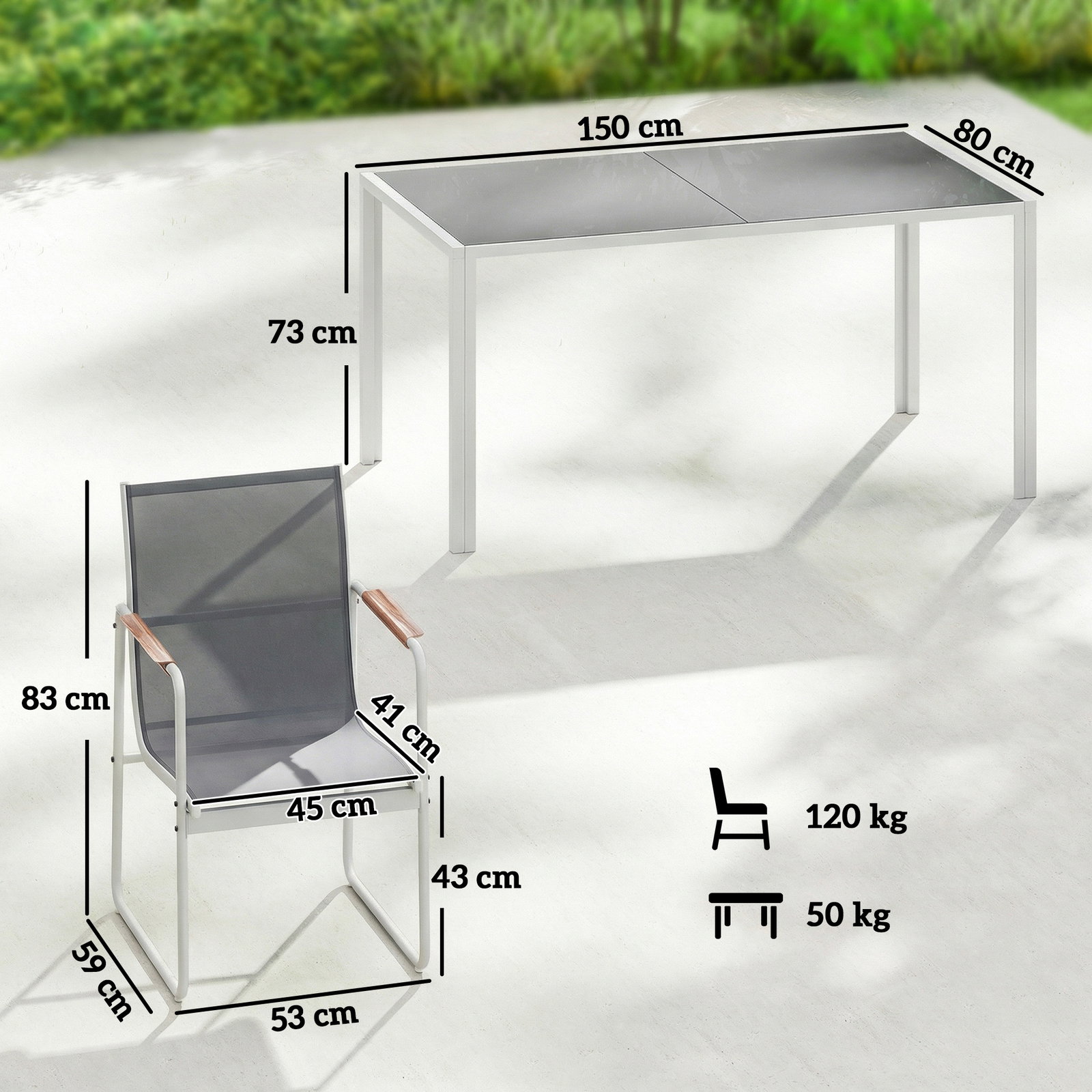 Conjunto de mesa e cadeiras de jardim de 7 peças com mesa de vidro temperado 6 cadeiras e estrutura em aço branco e cinza