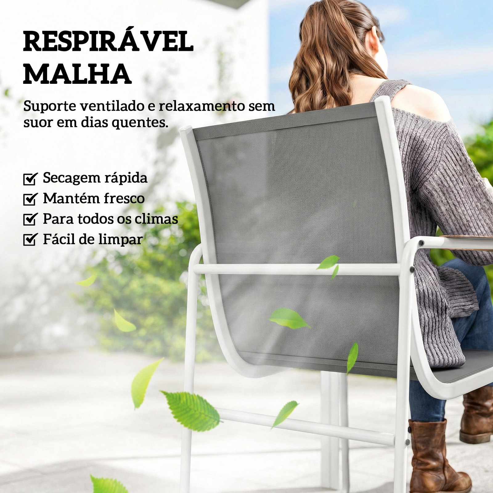 Conjunto de mesa e cadeiras de jardim de 7 peças com mesa de vidro temperado 6 cadeiras e estrutura em aço branco e cinza