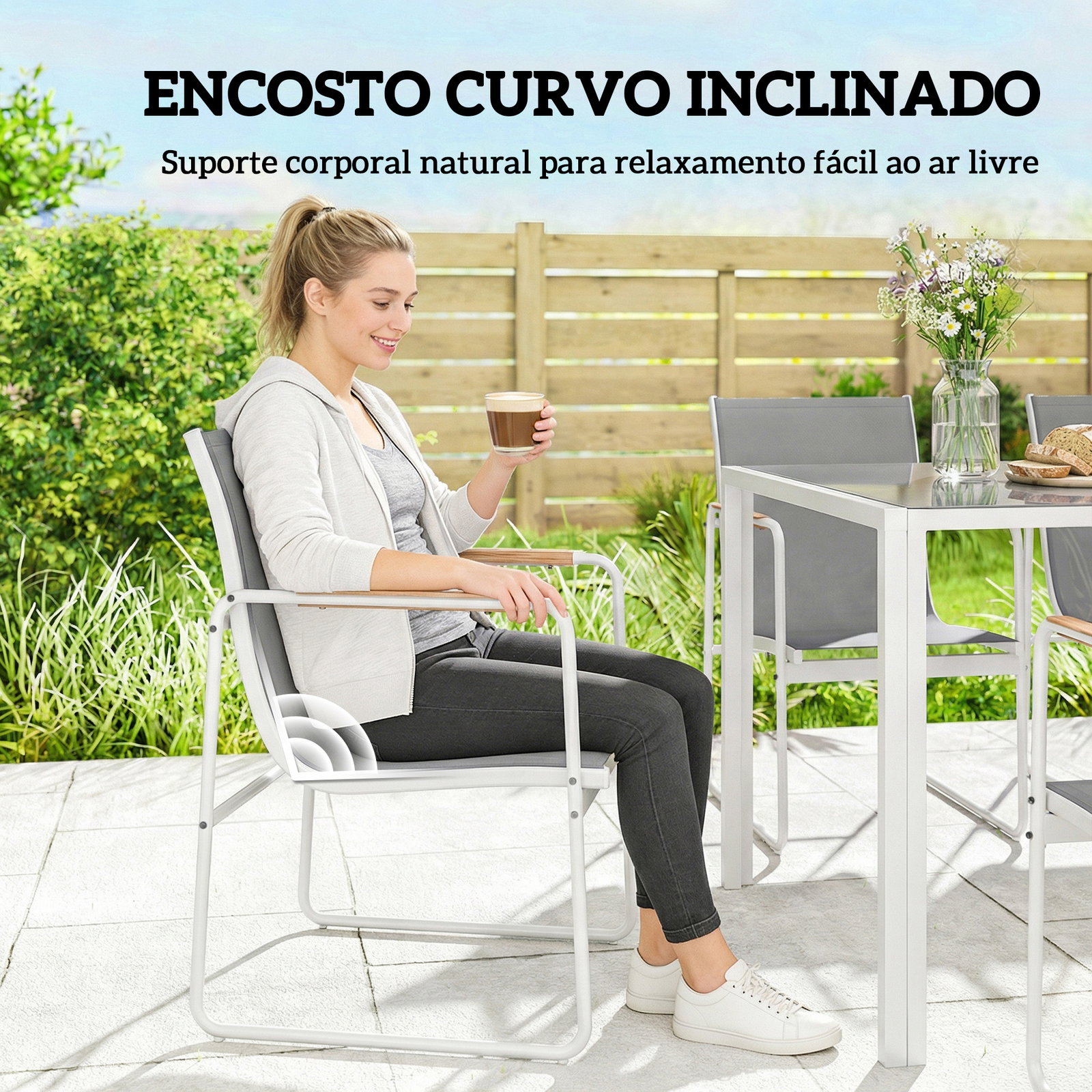 Conjunto de mesa e cadeiras de jardim de 7 peças com mesa de vidro temperado 6 cadeiras e estrutura em aço branco e cinza
