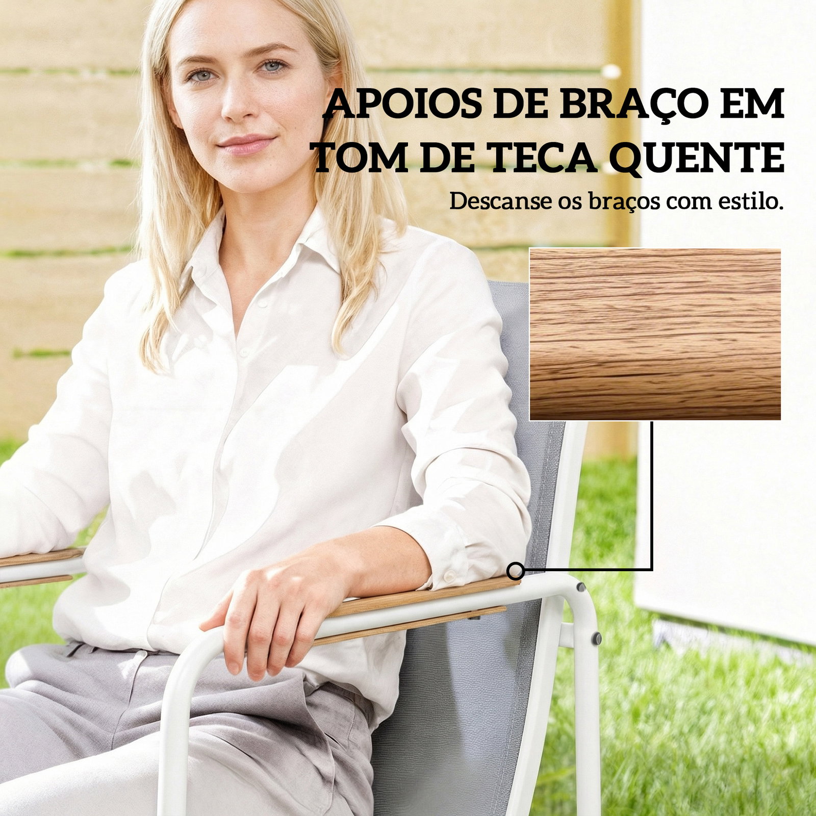 Conjunto de mesa e cadeiras de jardim de 7 peças com mesa de vidro temperado 6 cadeiras e estrutura em aço branco e cinza