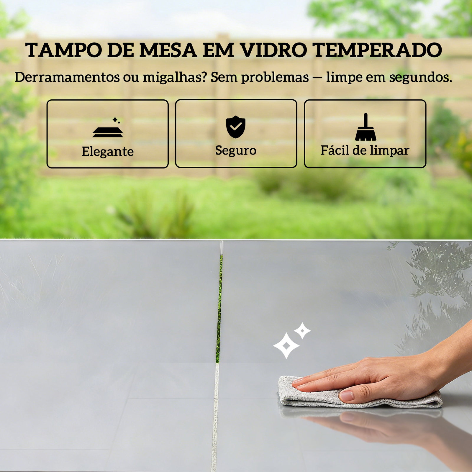 Conjunto de mesa e cadeiras de jardim de 7 peças com mesa de vidro temperado 6 cadeiras e estrutura em aço branco e cinza
