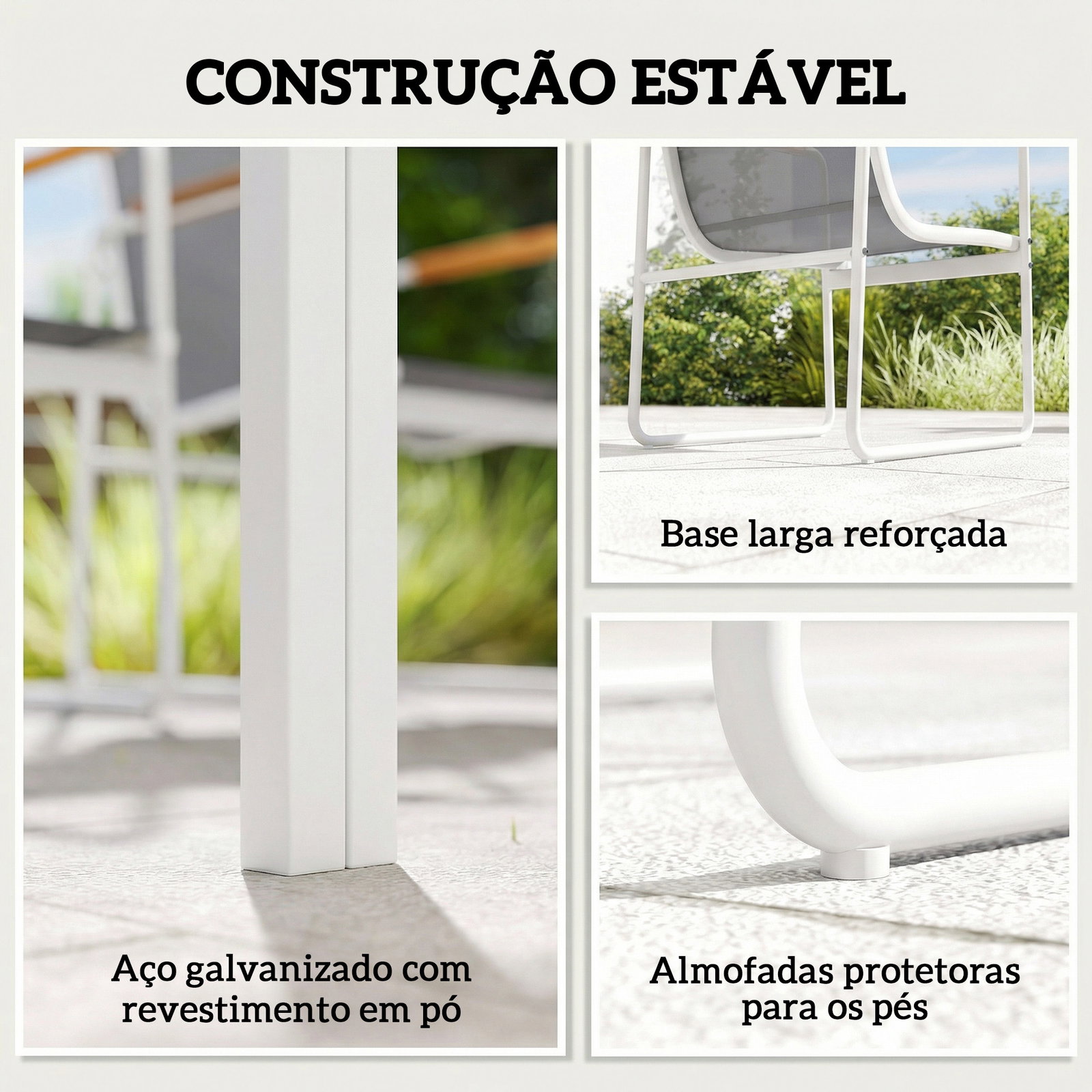 Conjunto de mesa e cadeiras de jardim de 7 peças com mesa de vidro temperado 6 cadeiras e estrutura em aço branco e cinza