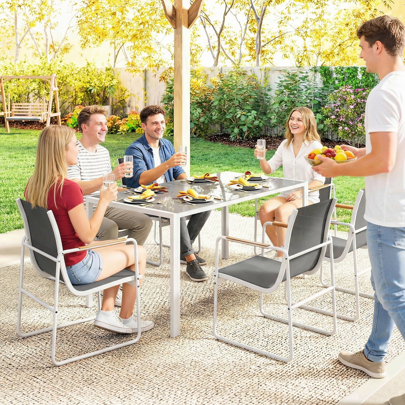 Conjunto de mesa e cadeiras de jardim de 7 peças com mesa de vidro temperado 6 cadeiras e estrutura em aço branco e cinza