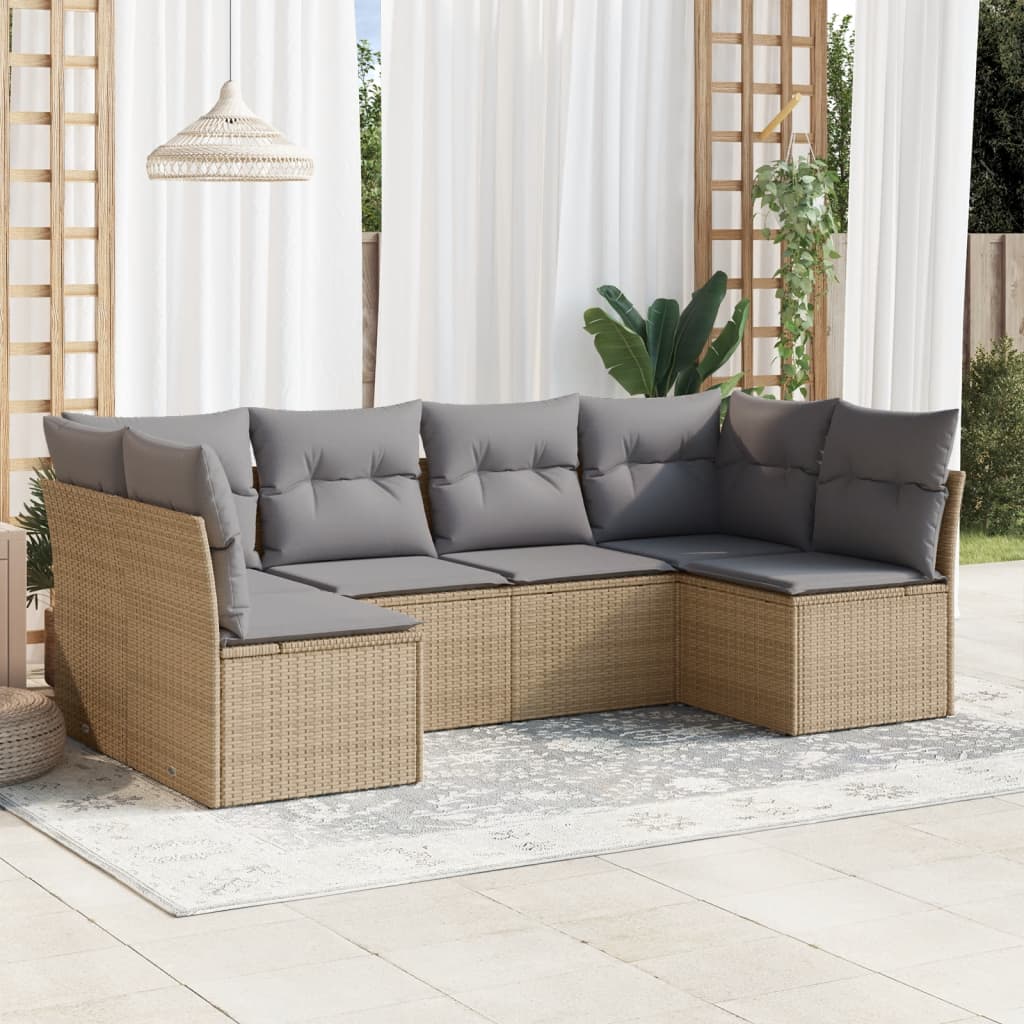6 Pcs conjunto de sofás p/ jardim com almofadões vime PE bege