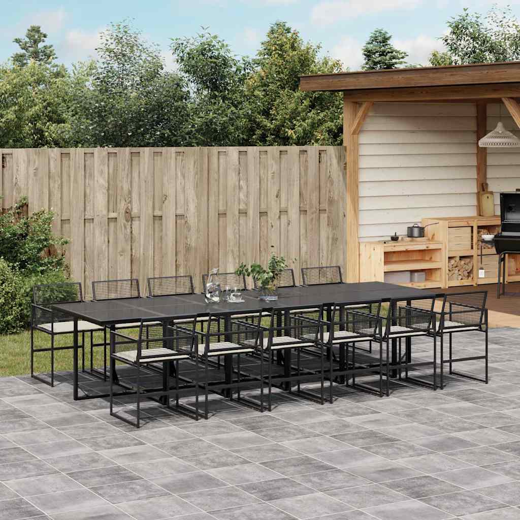 13 Pcs conjunto de jantar p/jardim com almofadões vime PE preto
