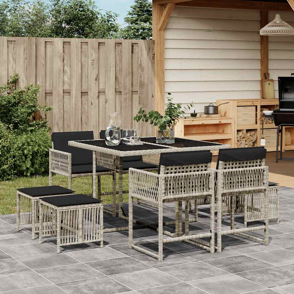 9 Pcs conjunto de jantar p/ jardim c/ almofadões cinzento claro