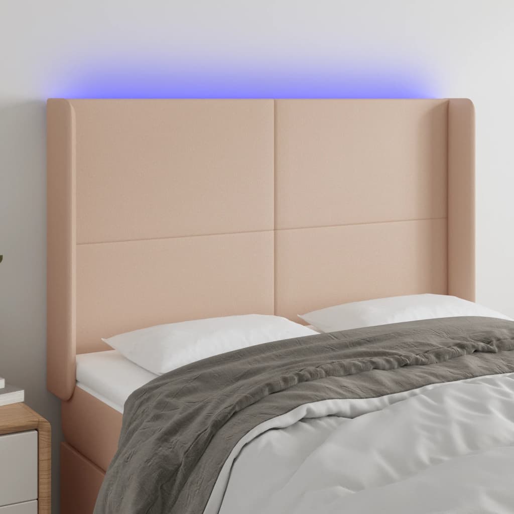 Cabeceira cama c/ LED couro artif. 147x16x118/128 cm cappuccino