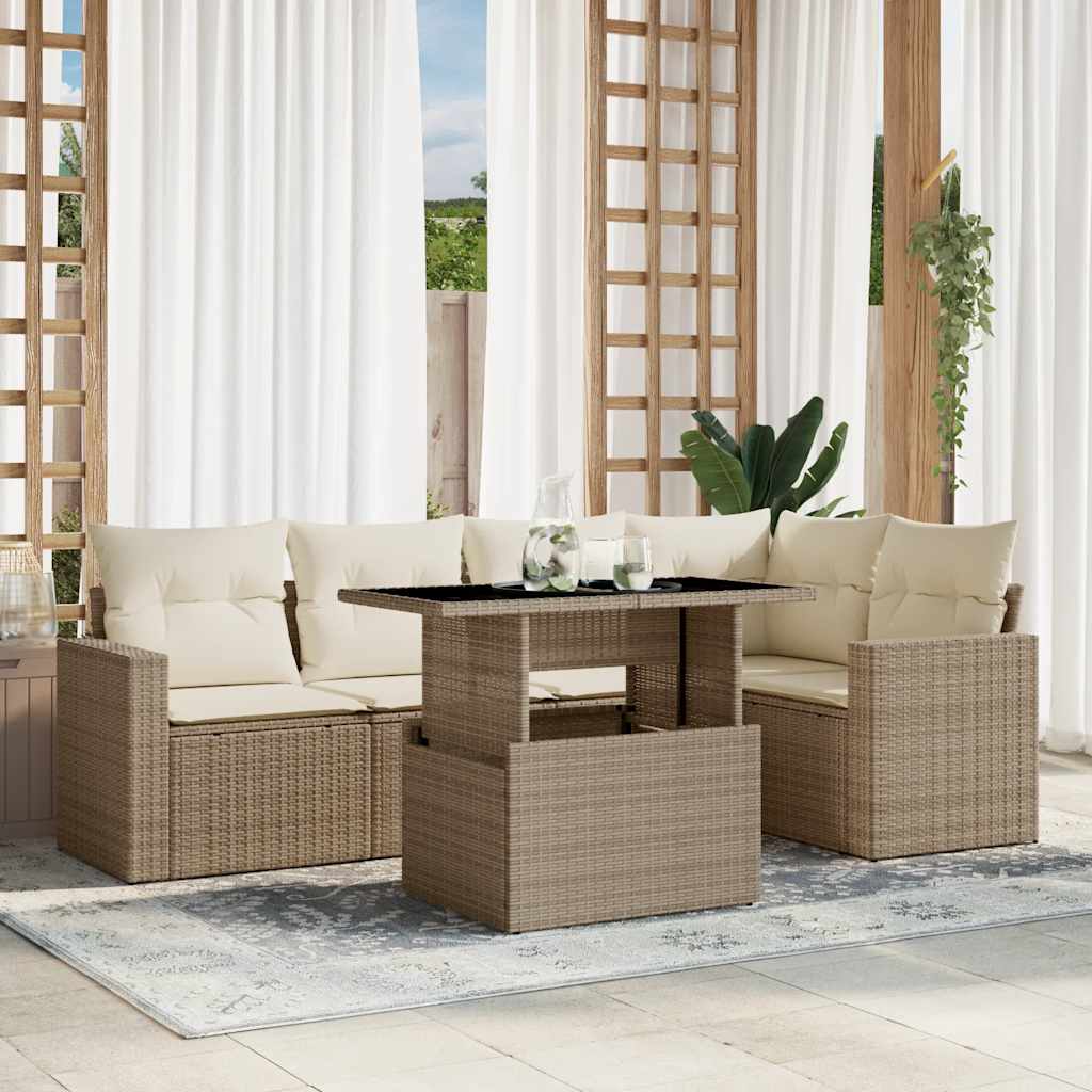 6 Pcs conjunto de sofás p/ jardim com almofadões vime PE bege