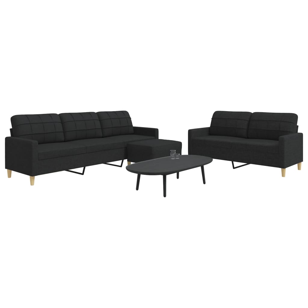 3 Pcs conjunto de sofás com apoio para pés tecido preto