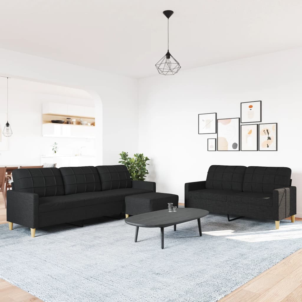 3 Pcs conjunto de sofás com apoio para pés tecido preto