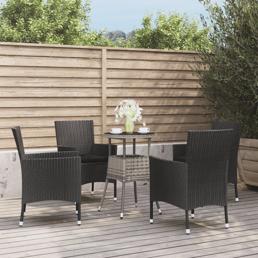 5 Pcs conjunto bistrô de jardim c/ almofadões vime PE preto