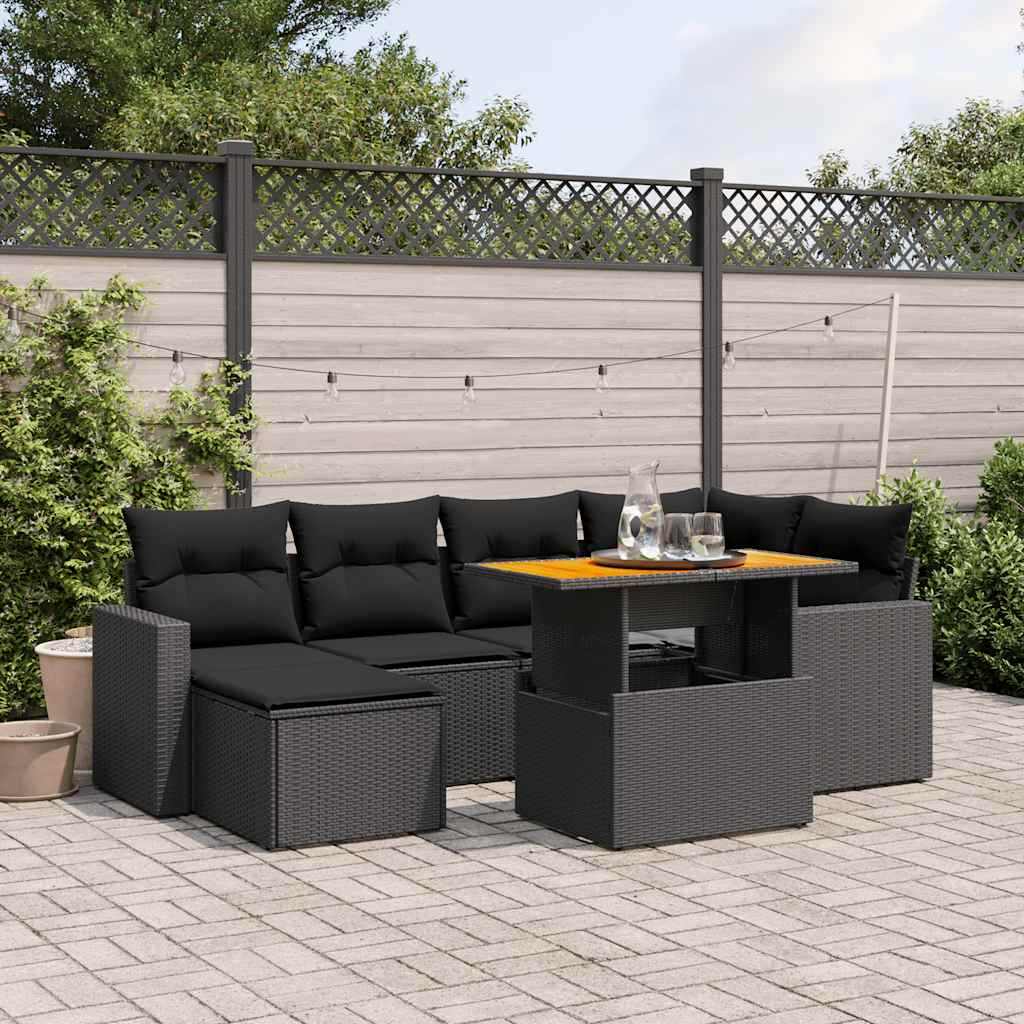 7 Pcs conjunto de sofás p/ jardim c/ almofadões vime PE preto