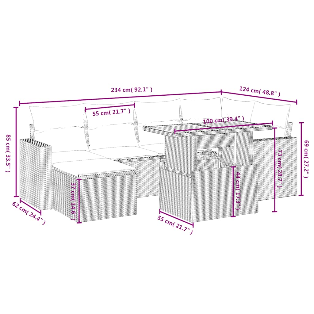 7 Pcs conjunto de sofás p/ jardim c/ almofadões vime PE preto