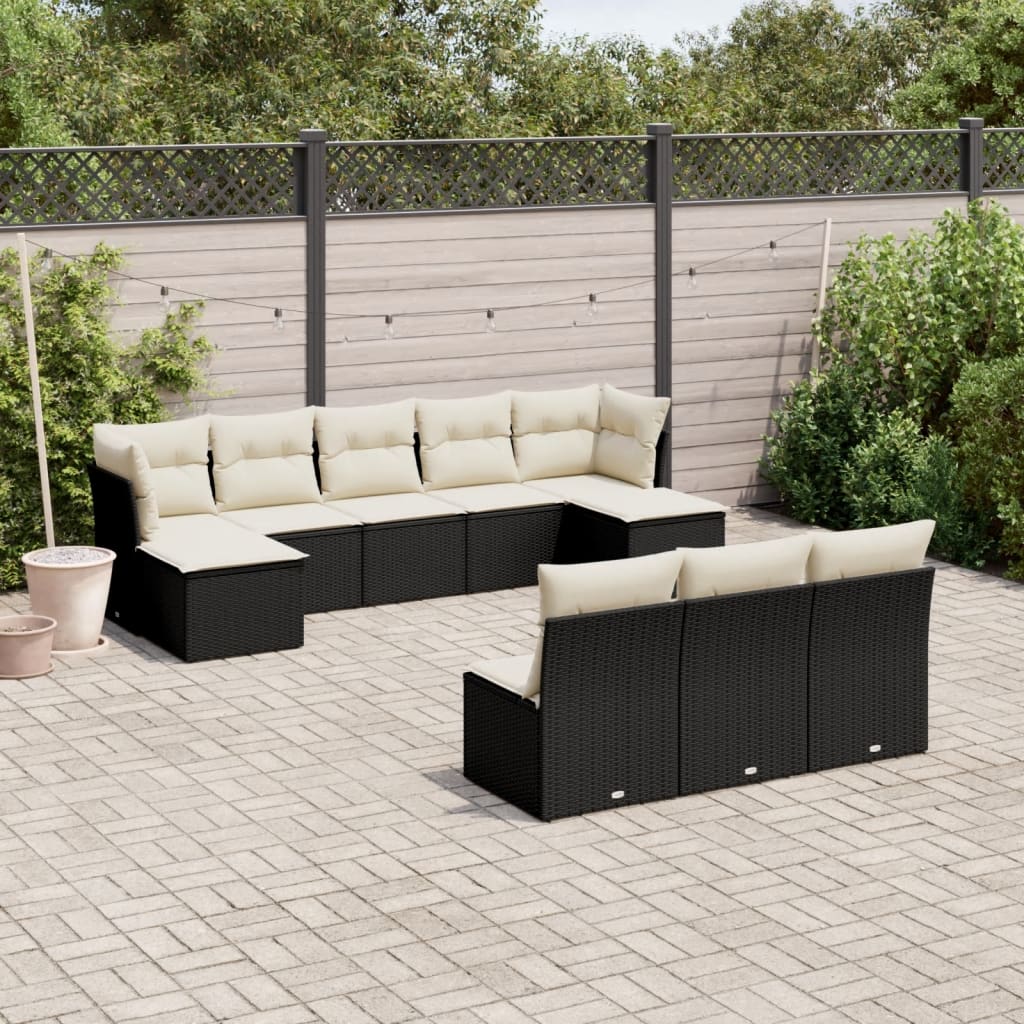10 Pcs conjunto sofás de jardim c/ almofadões vime PE preto
