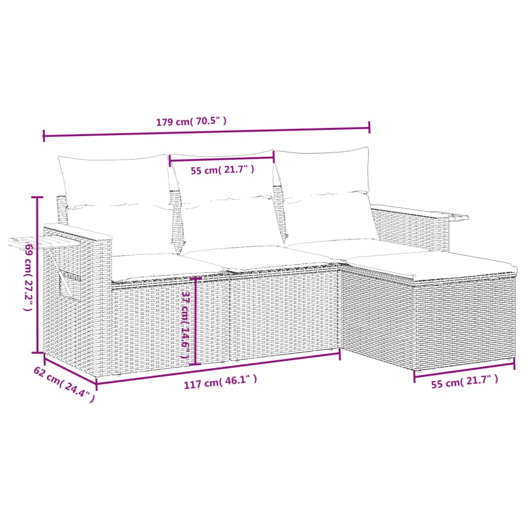 4 Pcs conjunto sofás de jardim c/ almofadões vime PE cinzento