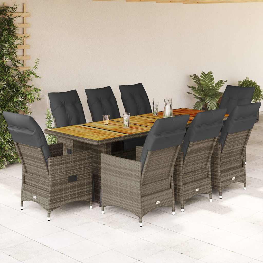 9 Pcs conjunto bistrô de jardim c/ almofadões vime PE cinzento