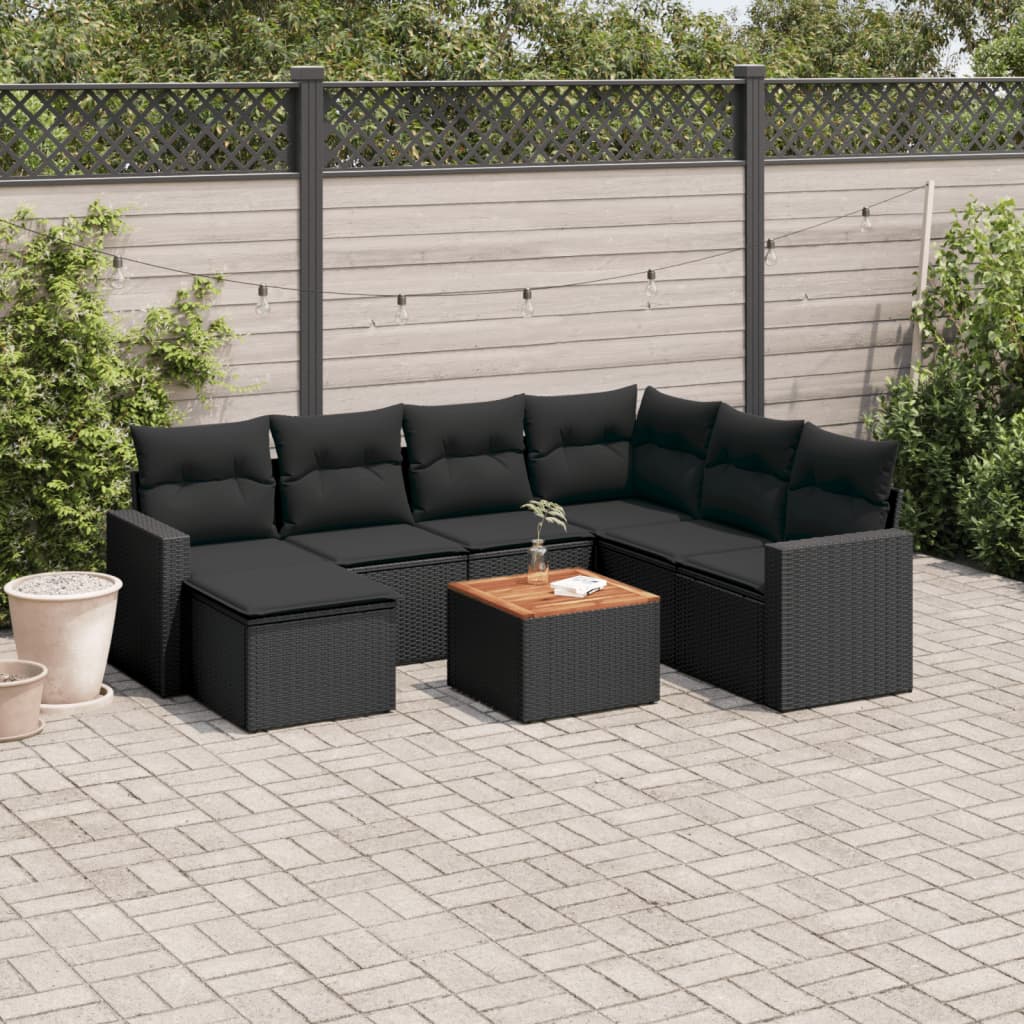 8 Pcs conjunto sofás de jardim com almofadões vime PE preto