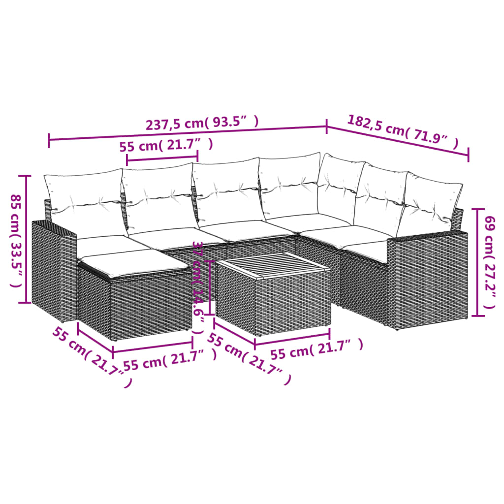 8 Pcs conjunto sofás de jardim com almofadões vime PE preto