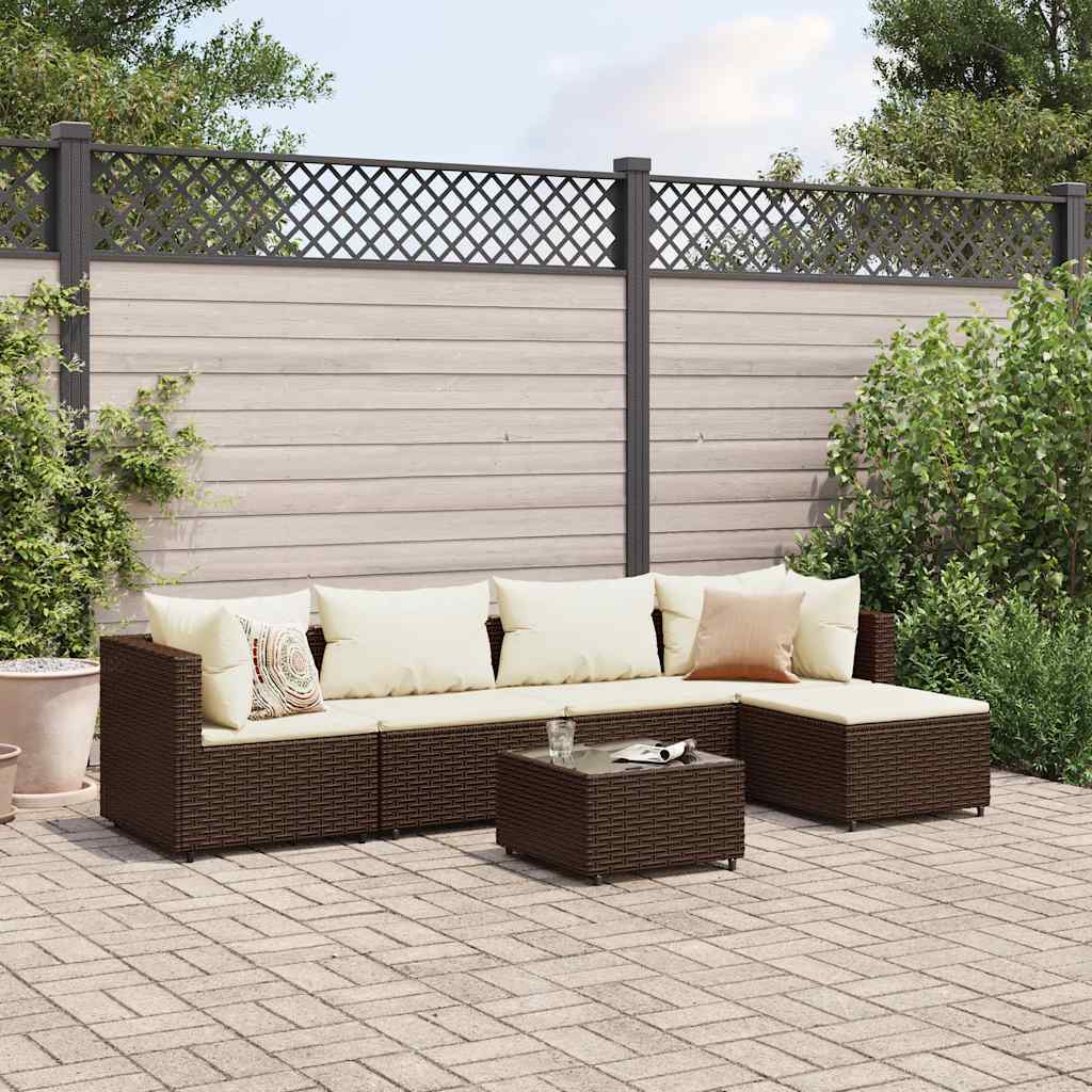 6 Pcs conj. lounge jardim c/ almofadões 6 pcs vime PE castanho