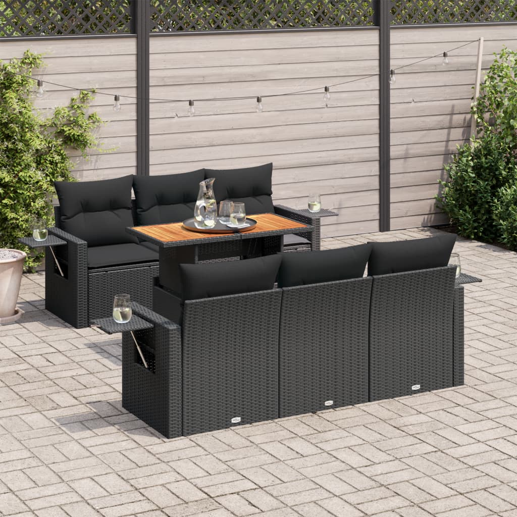 7 Pcs conjunto de sofás p/ jardim c/ almofadões vime PE preto
