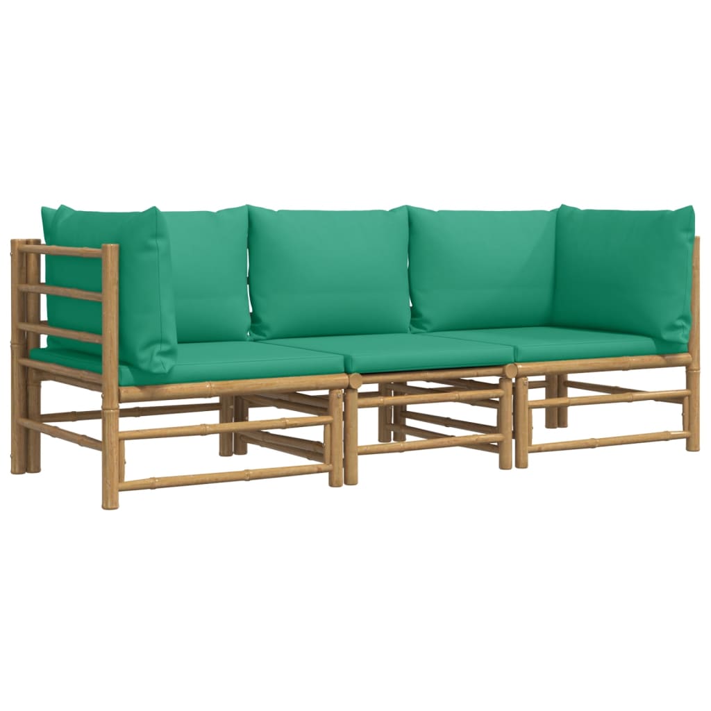 3 Pcs conjunto lounge de jardim bambu c/ almofadões verdes