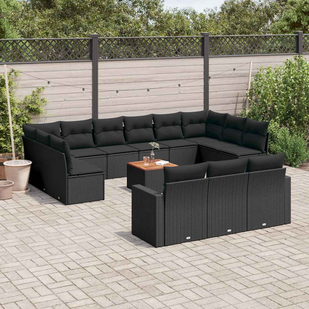 14 Pcs conjunto de sofás p/ jardim c/ almofadões vime PE preto