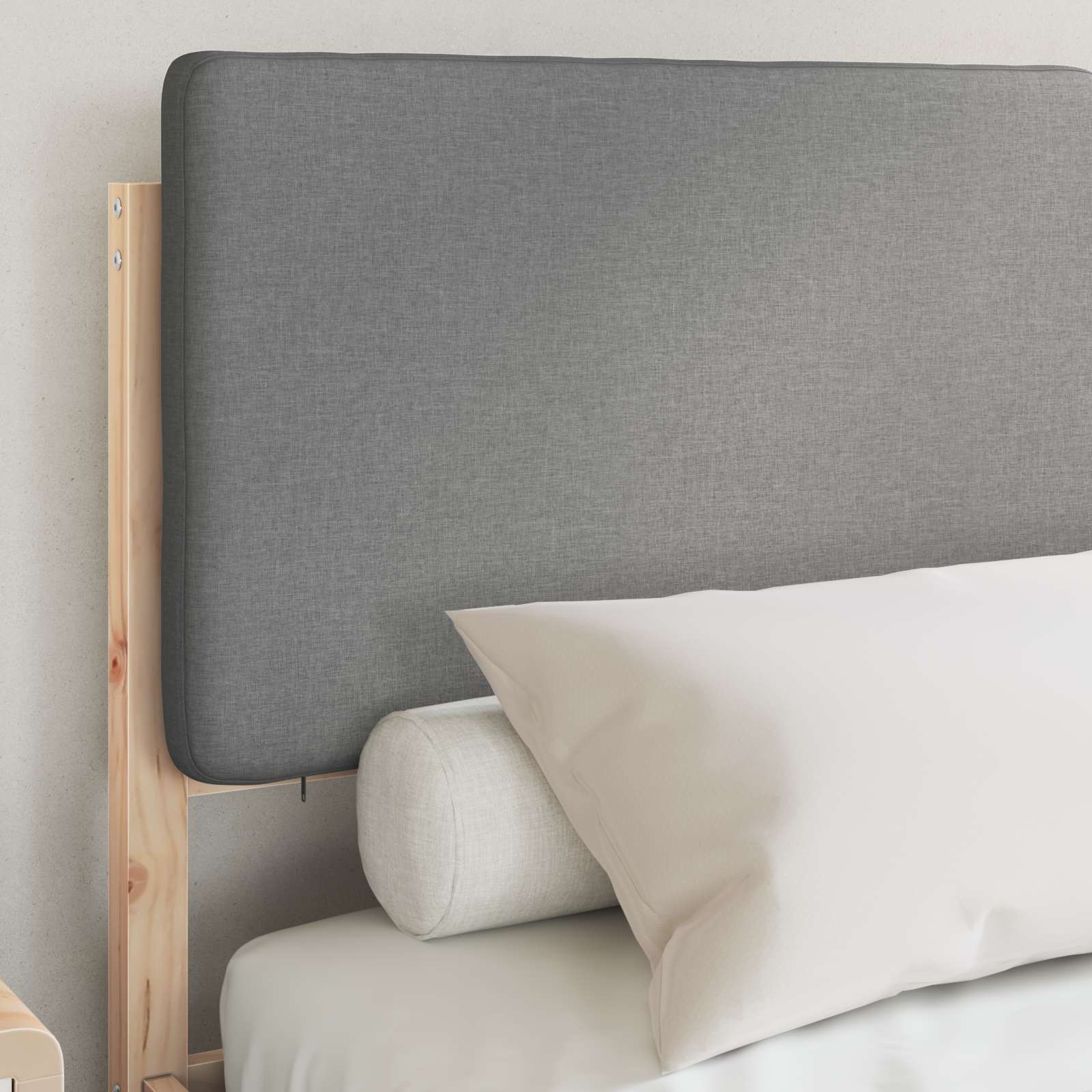 Estrutura de cama com cabeceira estofada cinzento-claro