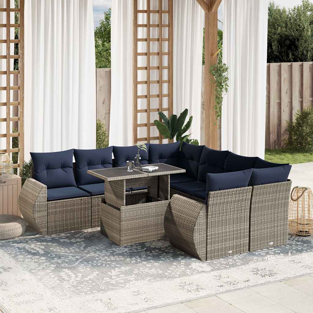 Conjunto de sofá de jardim de 9 peças com almofadas em rattan sintético cinza