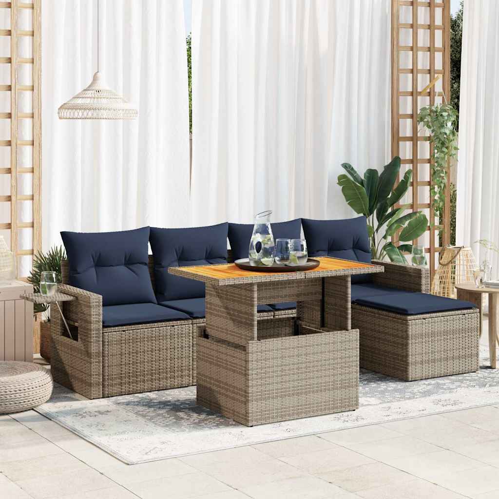 6 Pcs conjunto sofás de jardim com almofadões vime cinzento