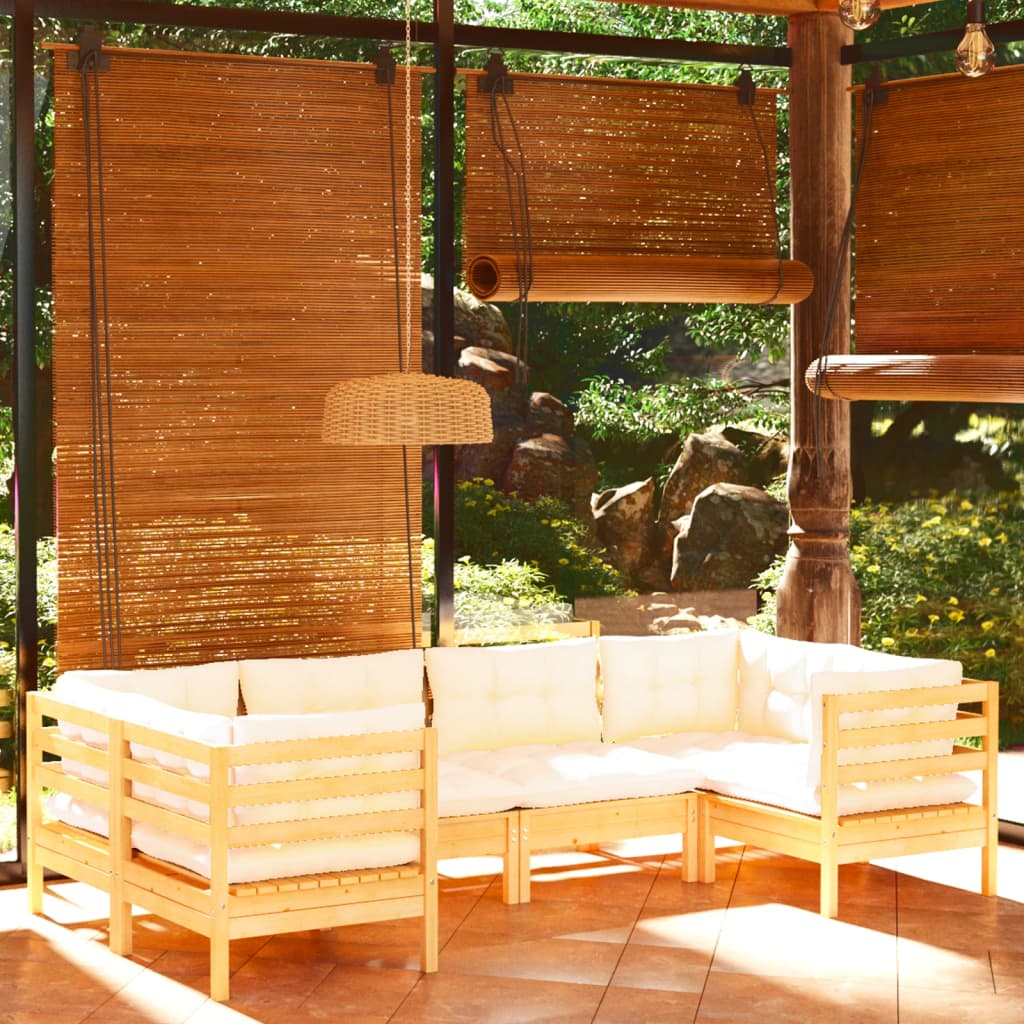 6 Pcs conjunto lounge de jardim c/ almofadões cor creme pinho