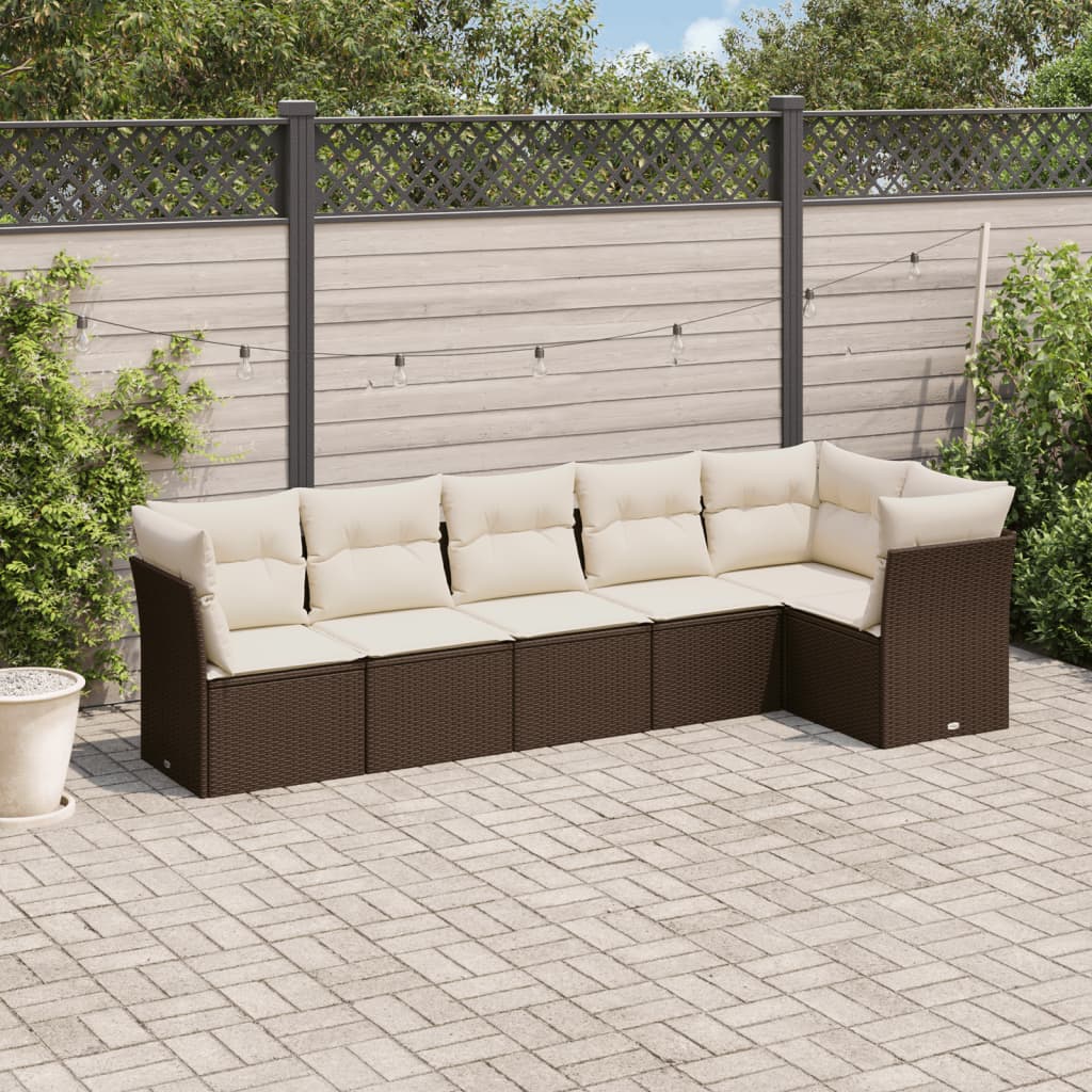 6 Pcs conjunto de sofás jardim c/ almofadões vime PE castanho