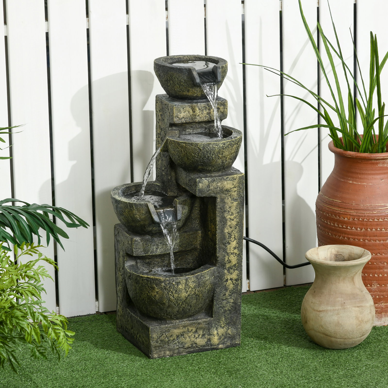 Fonte de jardim 5 w fonte de água em cascata de 4 níveis com bomba de água e saída de água ajustável 25x24x60 cm multicolorido