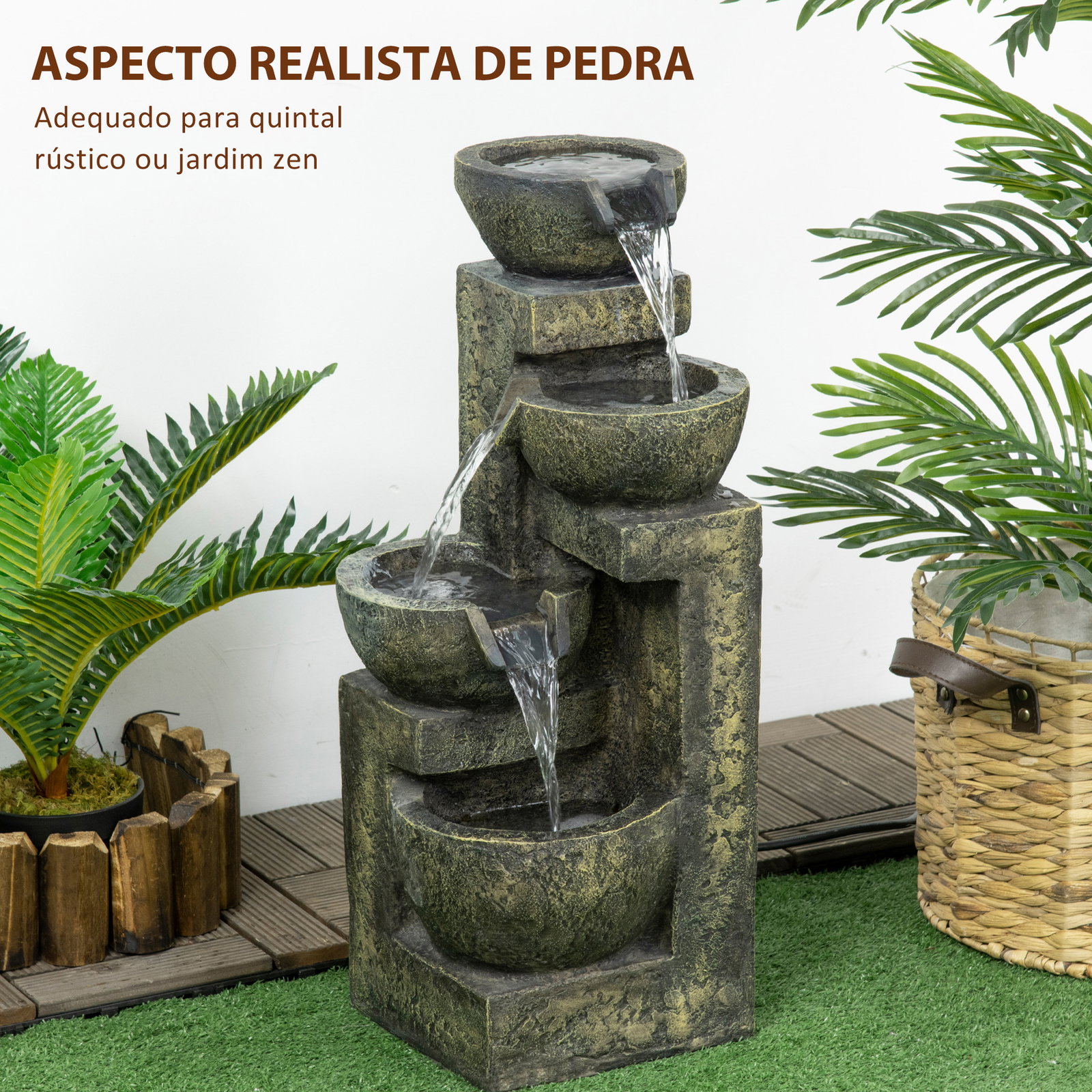 Fonte de jardim 5 w fonte de água em cascata de 4 níveis com bomba de água e saída de água ajustável 25x24x60 cm multicolorido