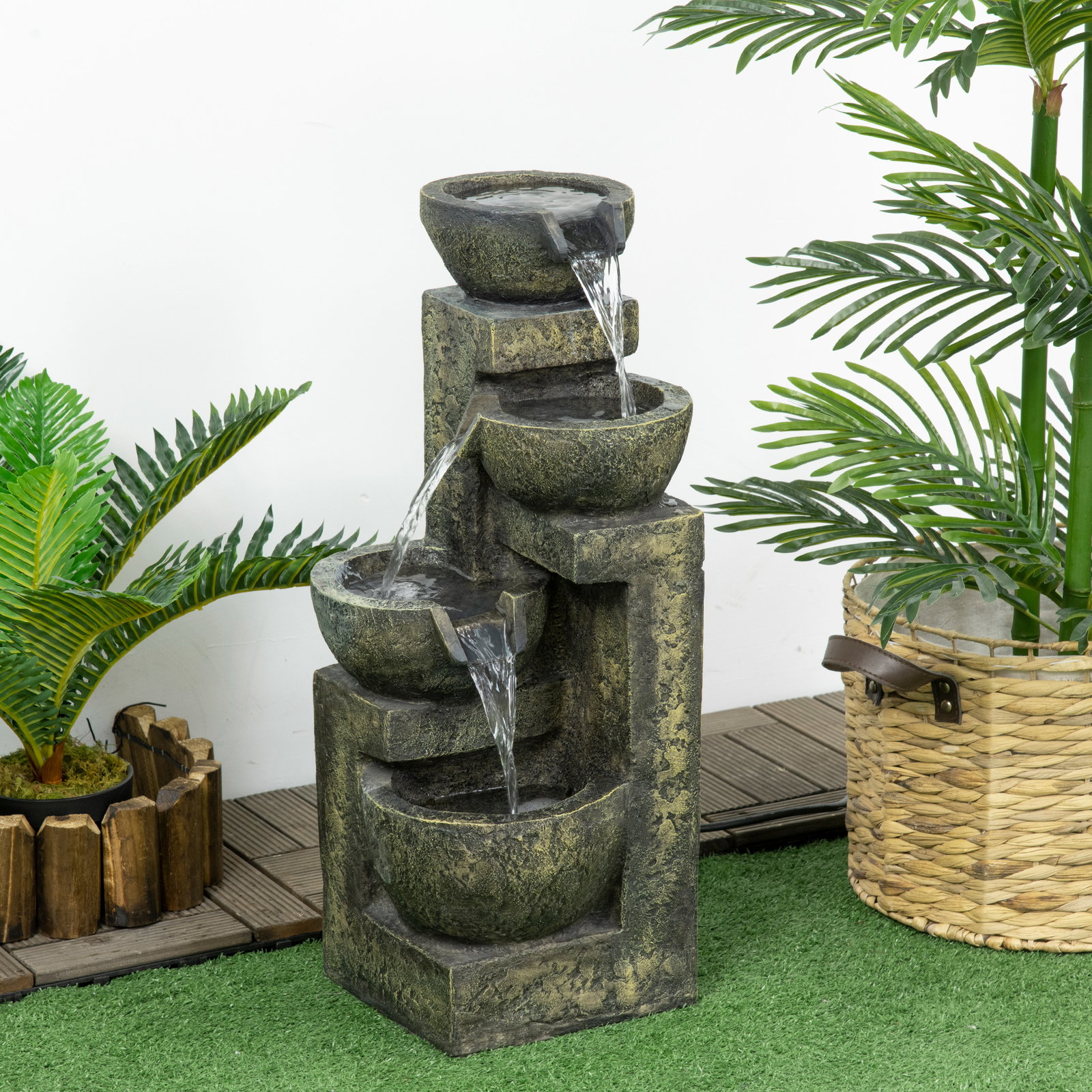 Fonte de jardim 5 w fonte de água em cascata de 4 níveis com bomba de água e saída de água ajustável 25x24x60 cm multicolorido