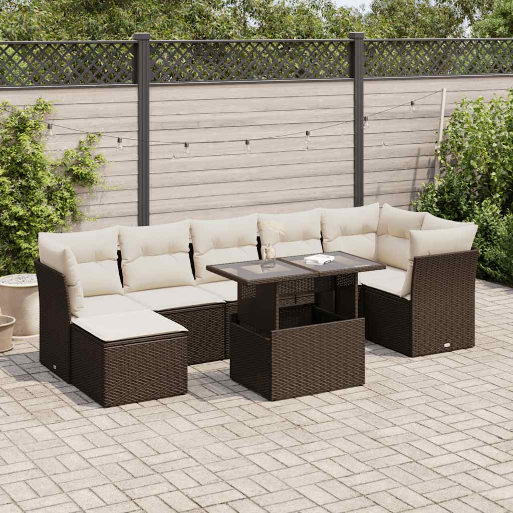 8 Pcs conjunto sofás de jardim c/ almofadões vime PE castanho