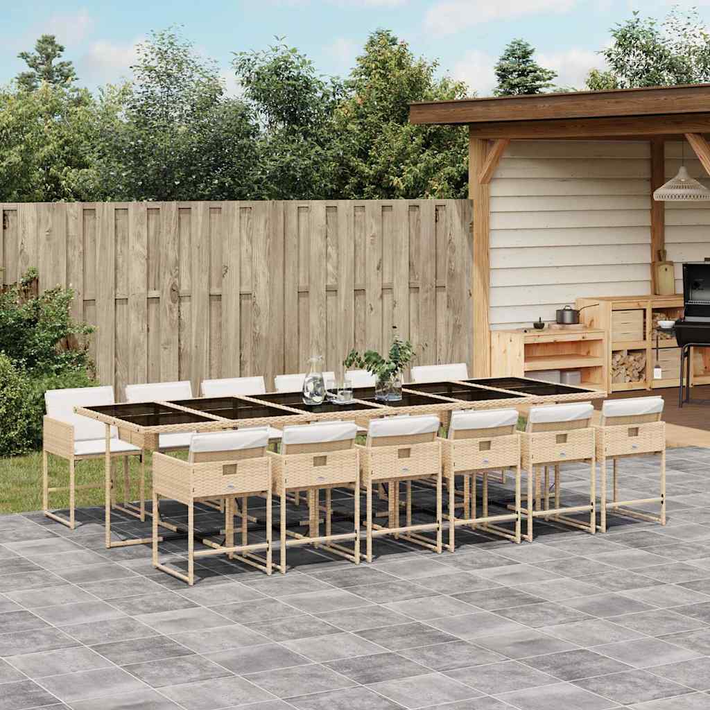 13 Pcs conjunto de jantar p/ jardim com almofadões vime PE bege