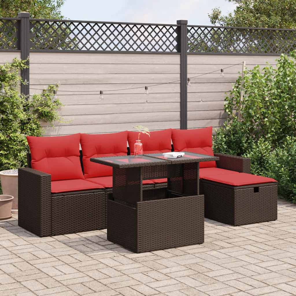 6 Pcs conjunto sofás jardim c/ almofadões vime PE/acácia castanho