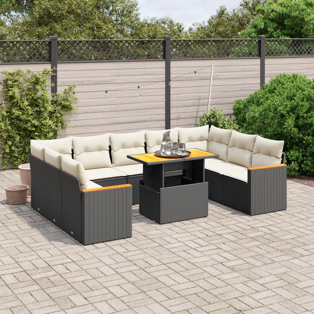 10 Pcs conjunto sofás de jardim c/ almofadões vime PE preto