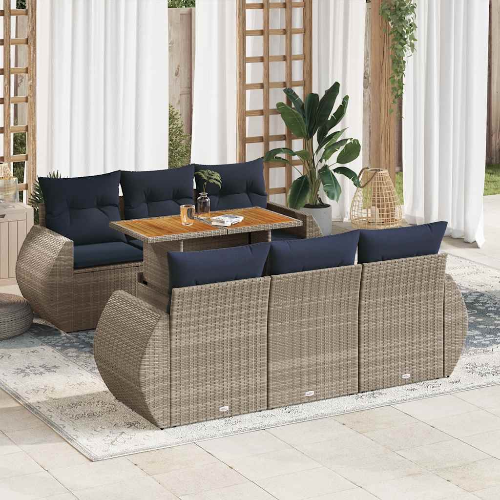 7 Pcs conjunto sofás p/ jardim c/ almofadões vime PE cinzento