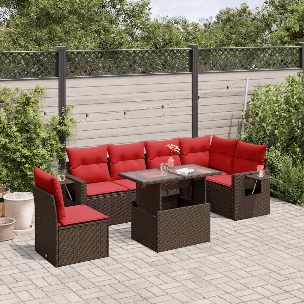Conjunto de sofá de jardim com 7 peças e almofadas em rattan sintético marrom