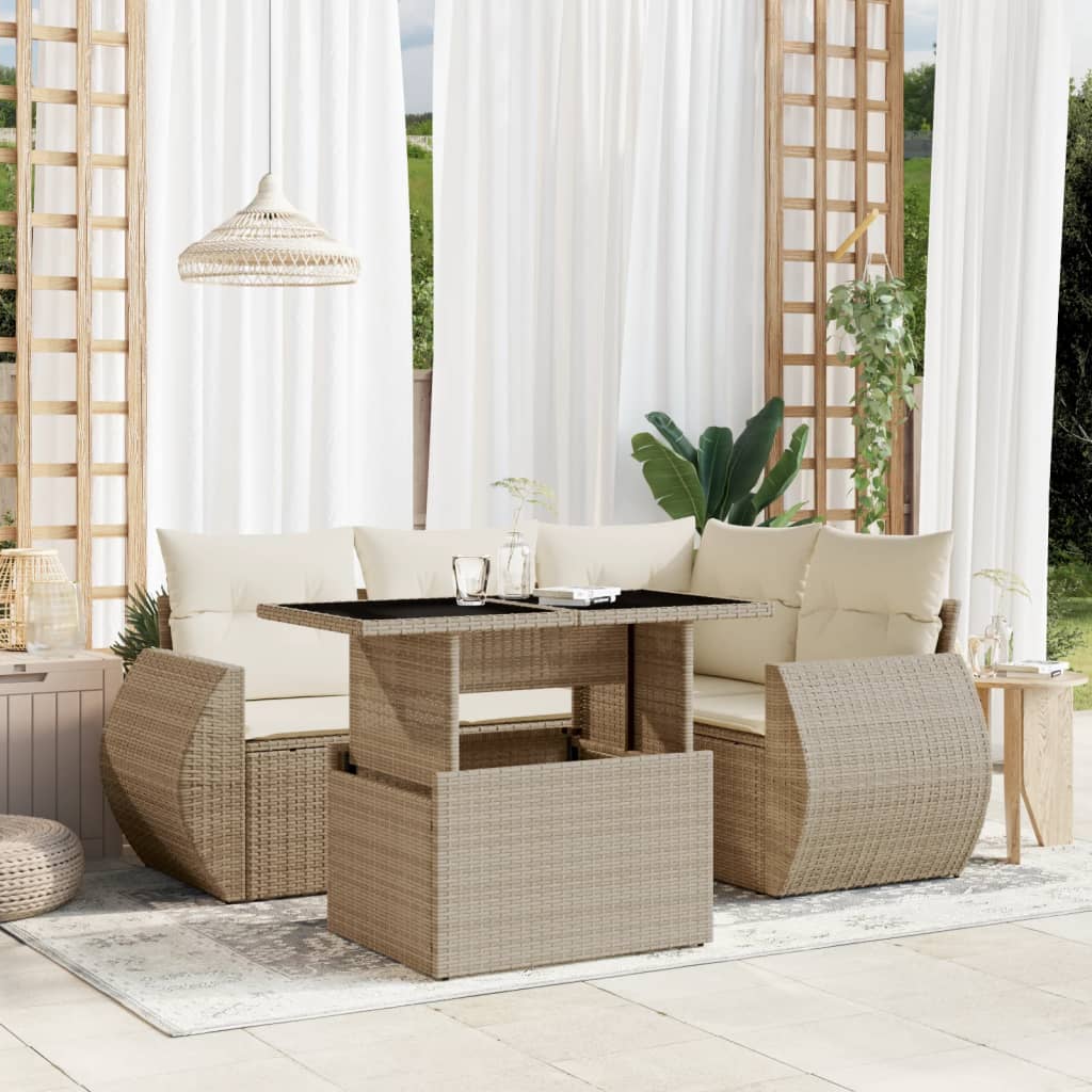5 Pcs conjunto de sofás p/ jardim com almofadões vime PE bege