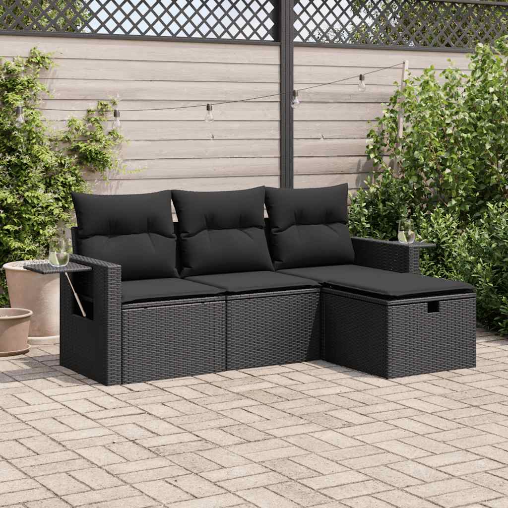 4 Pcs conjunto de sofás para jardim c/ almofadões vime PE preto