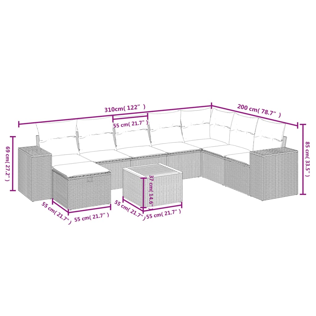 9 Pcs conjunto de sofás p/ jardim com almofadões vime PE bege