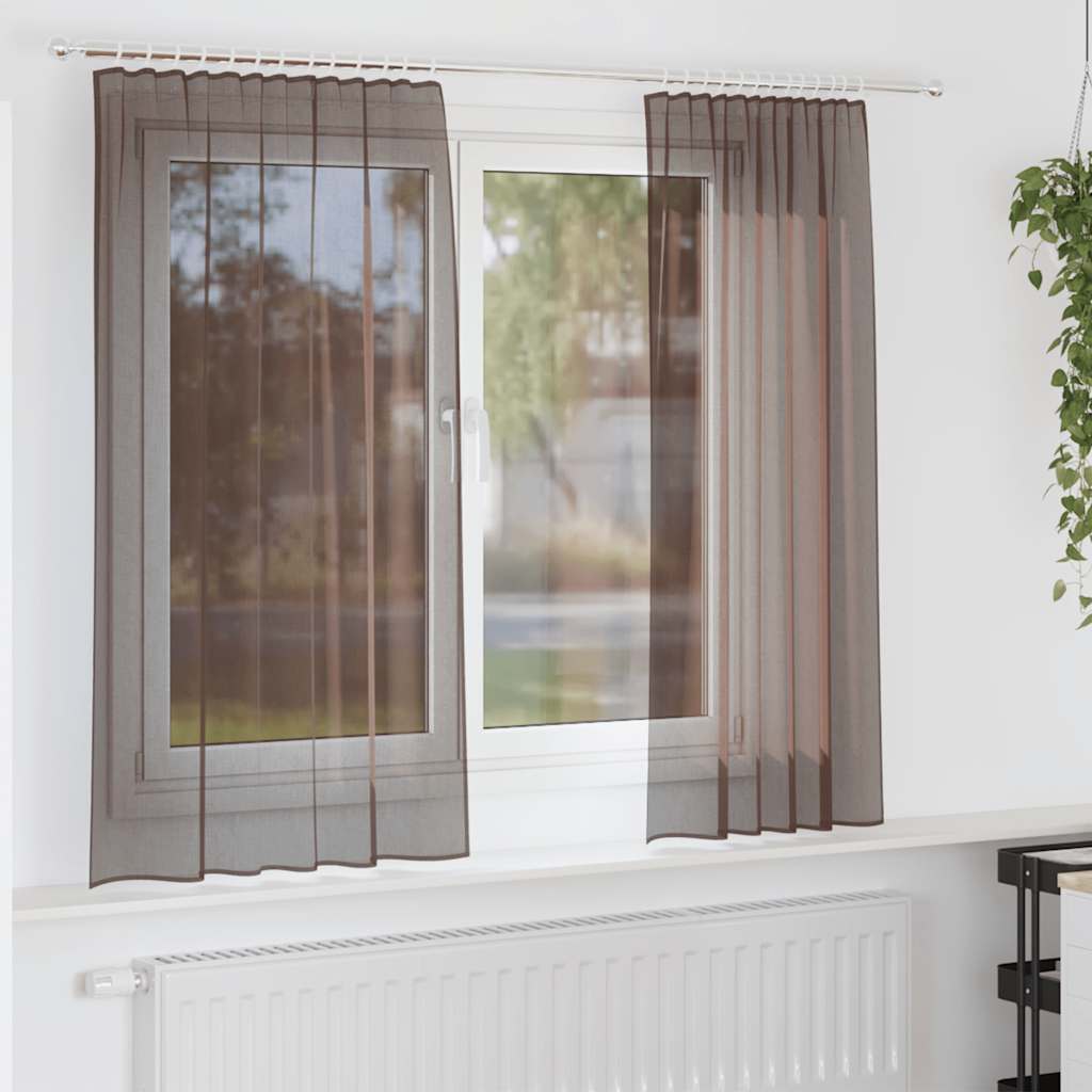 Cortinas de voile com bolsos para varão 2 pcs castanho