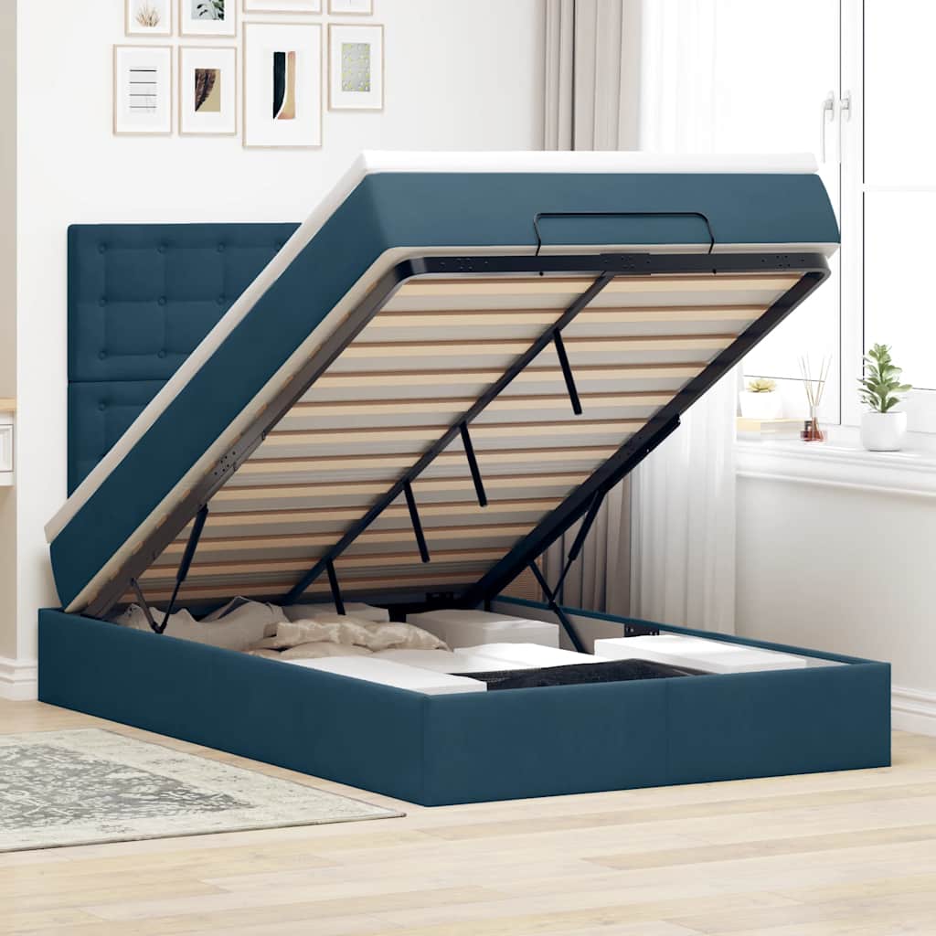Estrutura de cama otomana com colchões azul escuro veludo