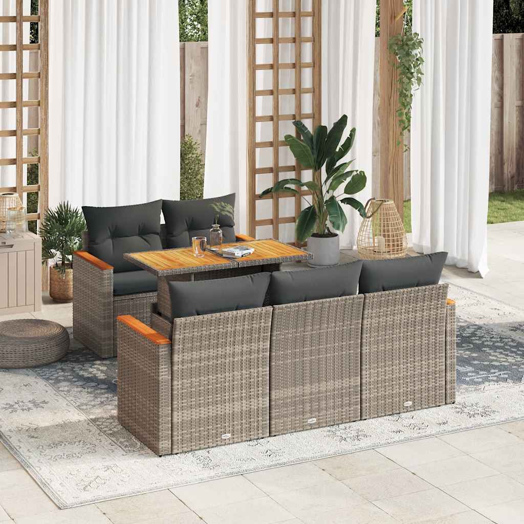 6 Pcs conjunto sofás jardim com almofadões PE/acácia cinzento