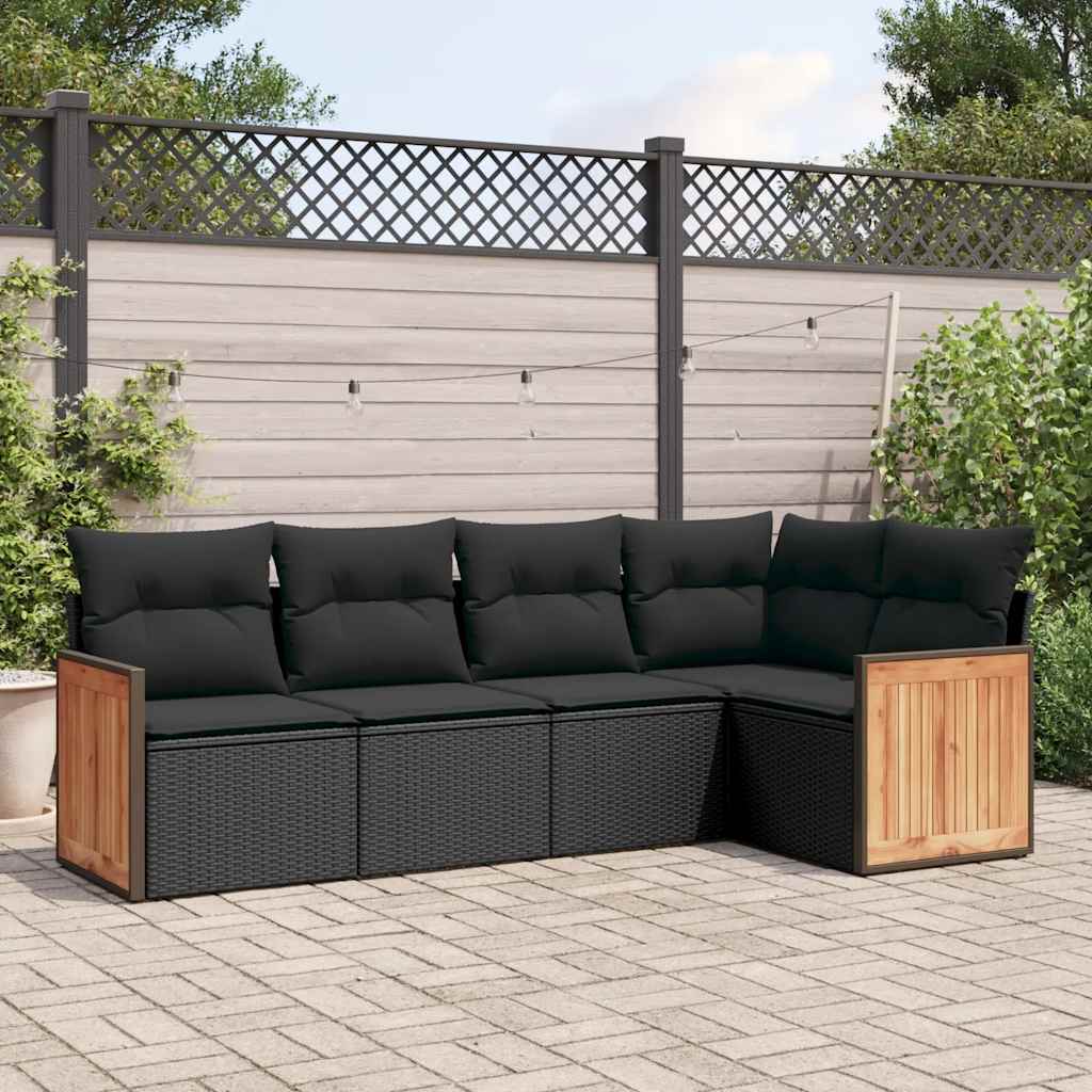 5 Pcs conjunto sofás de jardim com almofadões vime PE preto