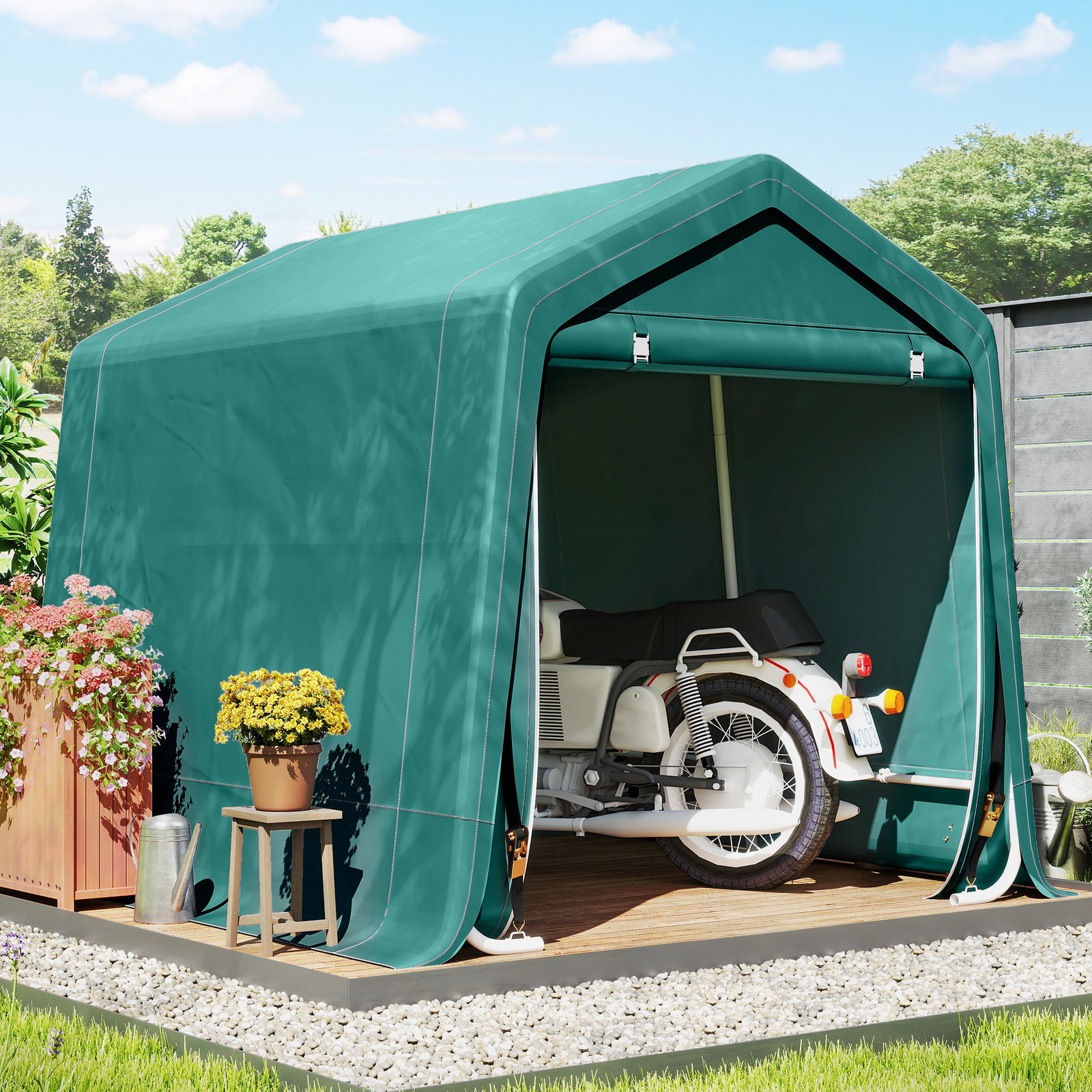 Abrigo de Exterior para Ferramentas Bicicleta 2,4x2x2,02 m Abrigo de Armazenamento com 2 Portas Anti-UV para Jardim Verde