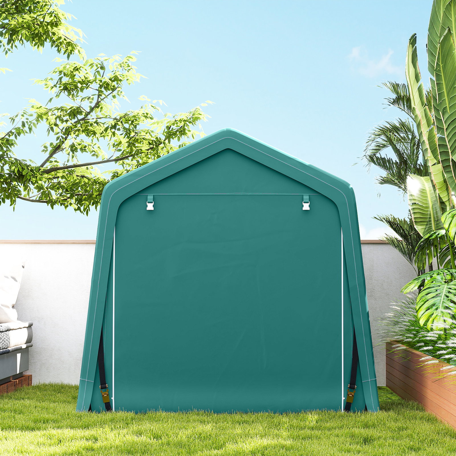 Abrigo de Exterior para Ferramentas Bicicleta 2,4x2x2,02 m Abrigo de Armazenamento com 2 Portas Anti-UV para Jardim Verde