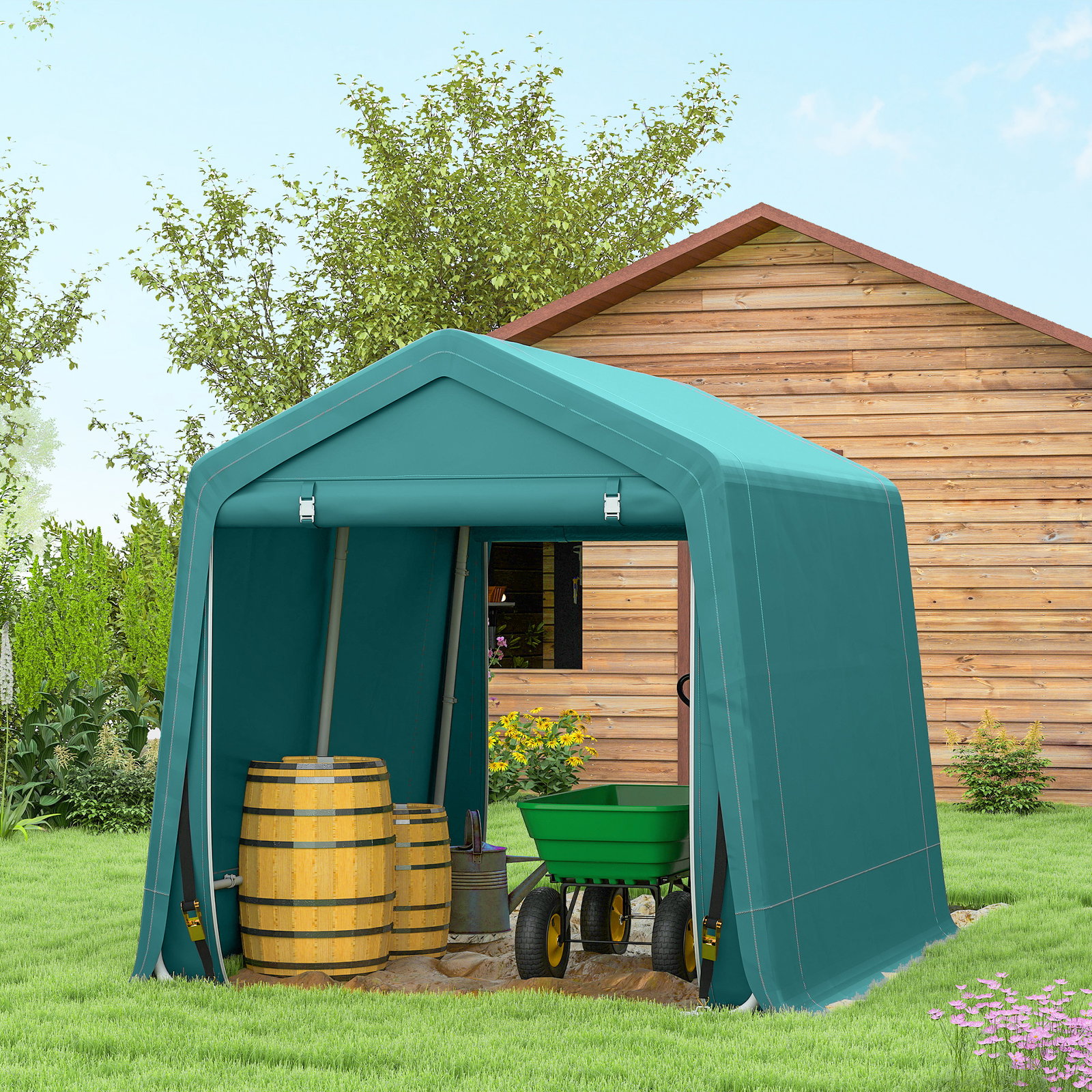 Abrigo de Exterior para Ferramentas Bicicleta 2,4x2x2,02 m Abrigo de Armazenamento com 2 Portas Anti-UV para Jardim Verde